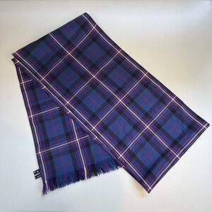 STRATHMORE 100% WOOL Tartan Scarf Made in Scotland Purple Blue Plaid Fringe Mens
